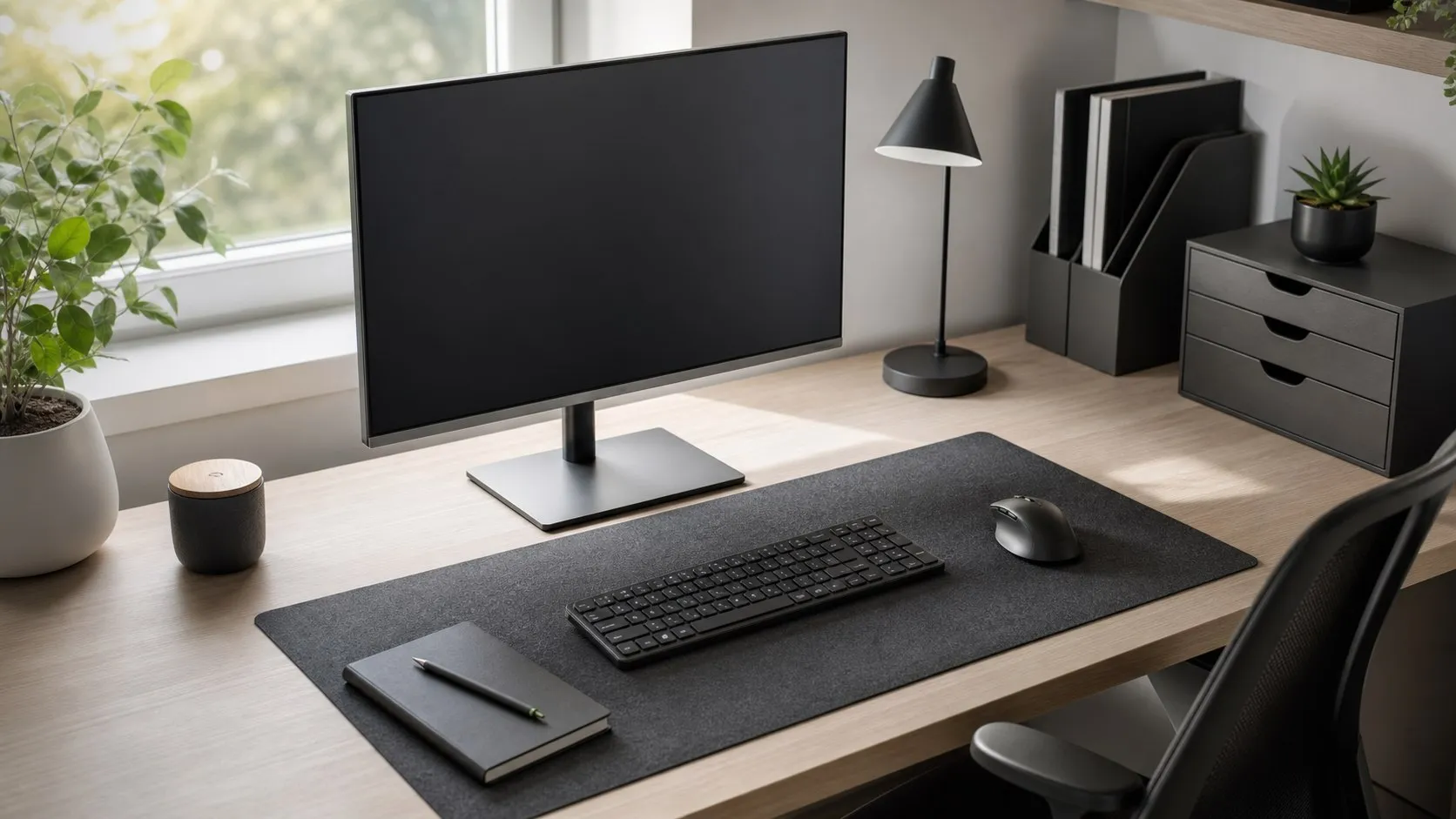 Escritorio minimalista y ordenado con monitor, teclado, ratón e iluminación suave