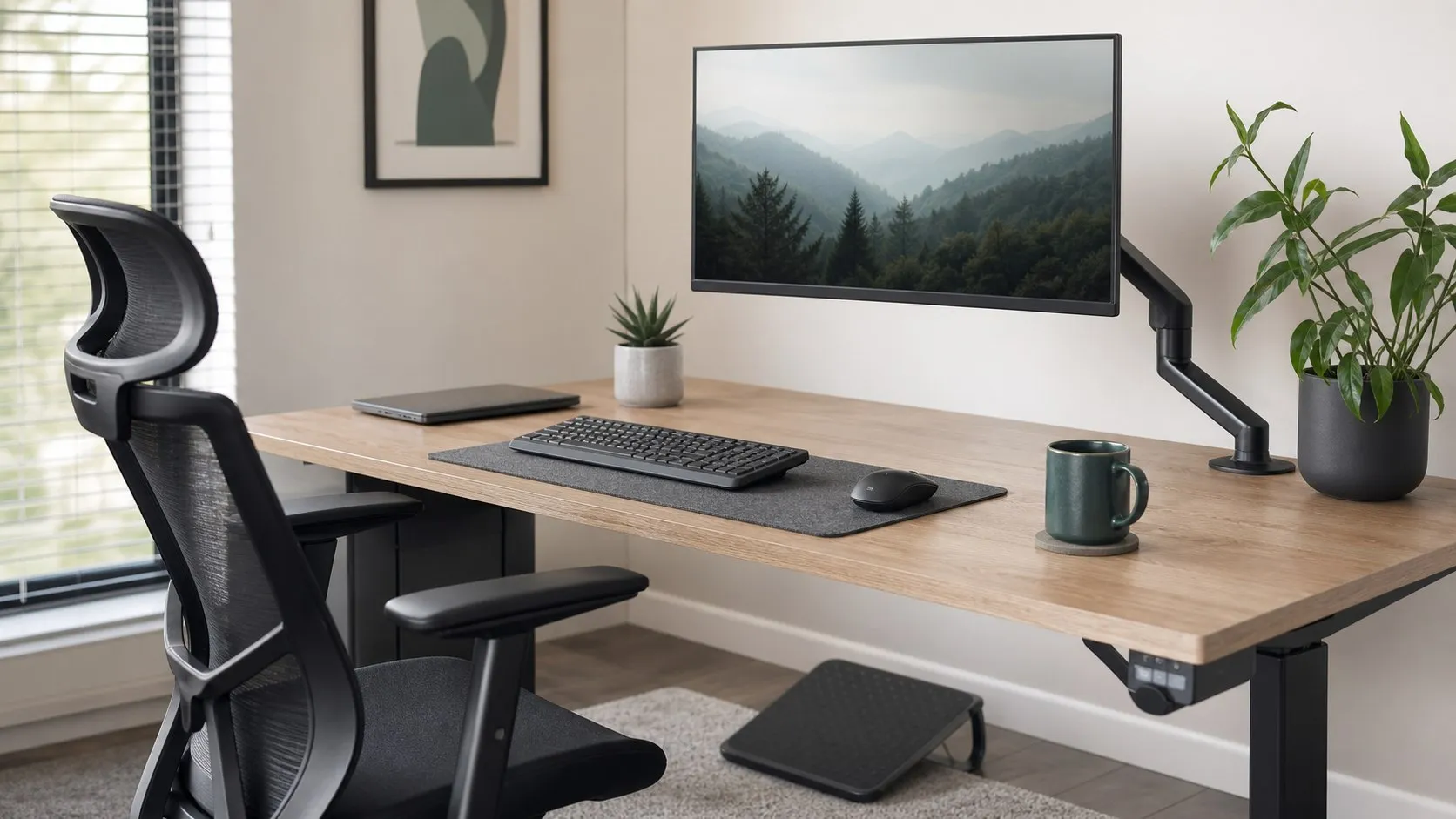 Espacio de trabajo ergonómico con monitor elevado, silla y periféricos colocados con criterio