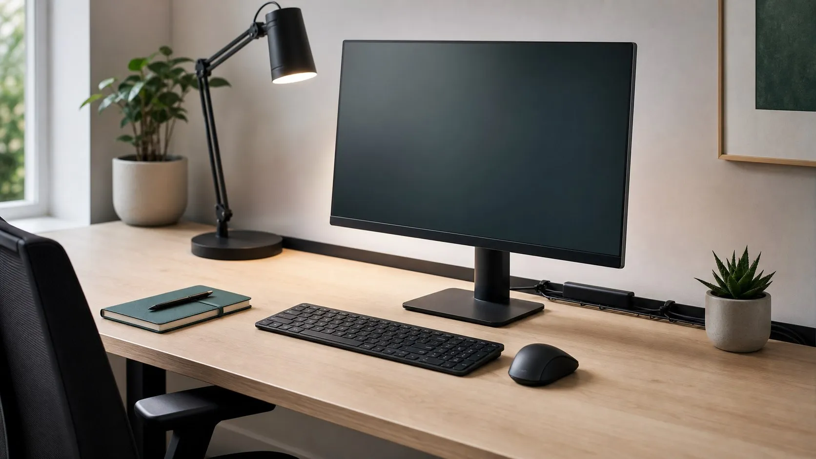 Setup de escritorio limpio con monitor, teclado, ratón, lámpara y cables ordenados